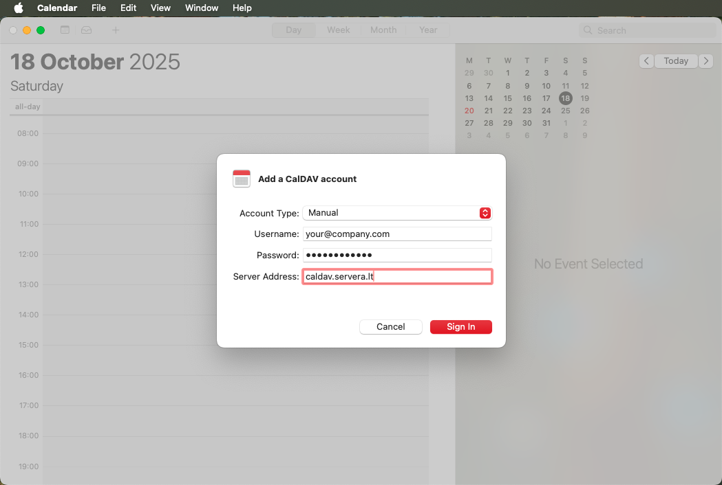 Mac Calendar setup step 2: Enter CalDAV server details including email, password and server address caldav.lt